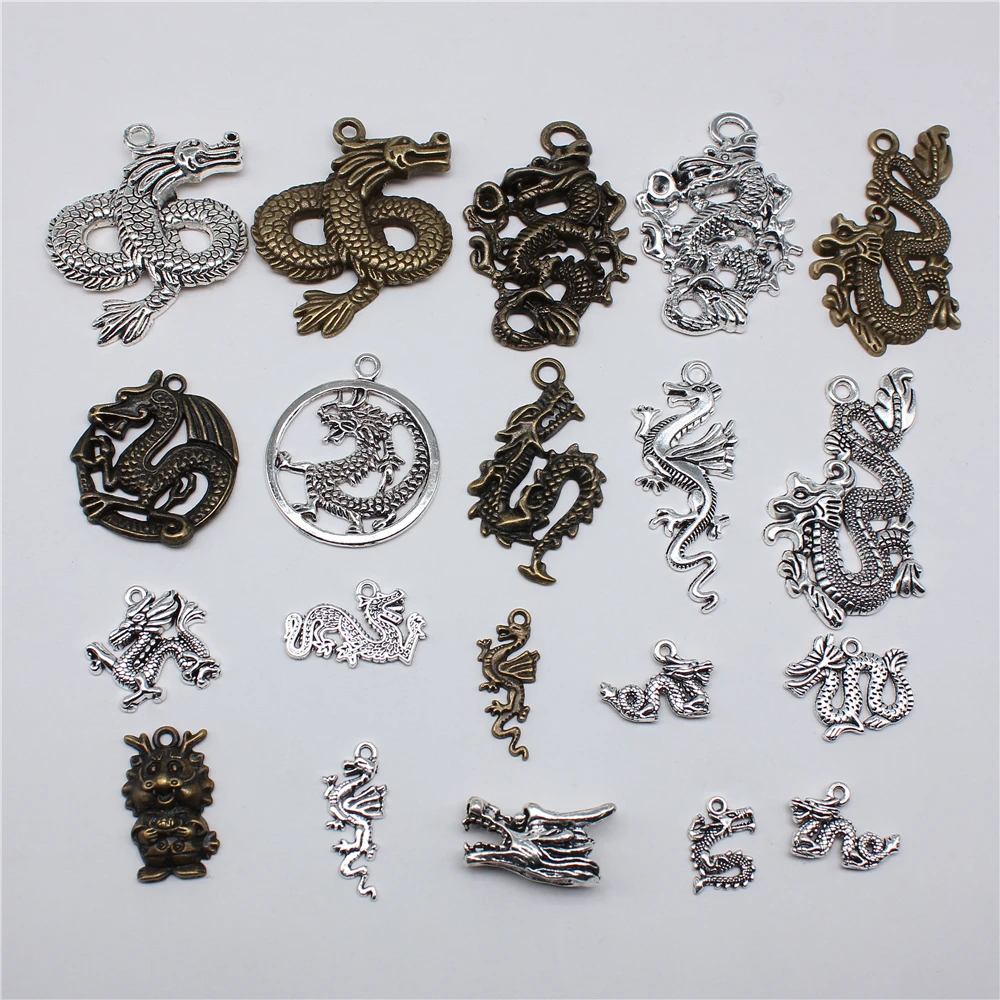 10pcs Charms Dragon Tibetan Bronze Silver Color Pendants Antique Jewelry Making DIY Handmade Craft