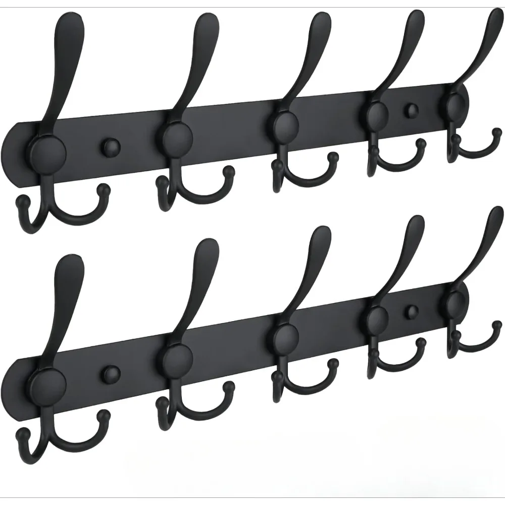 

Wall-mounted coat rack, five heavy-duty three-hook all-metal construction for jacket caps at mudroom entrance (2 pack)