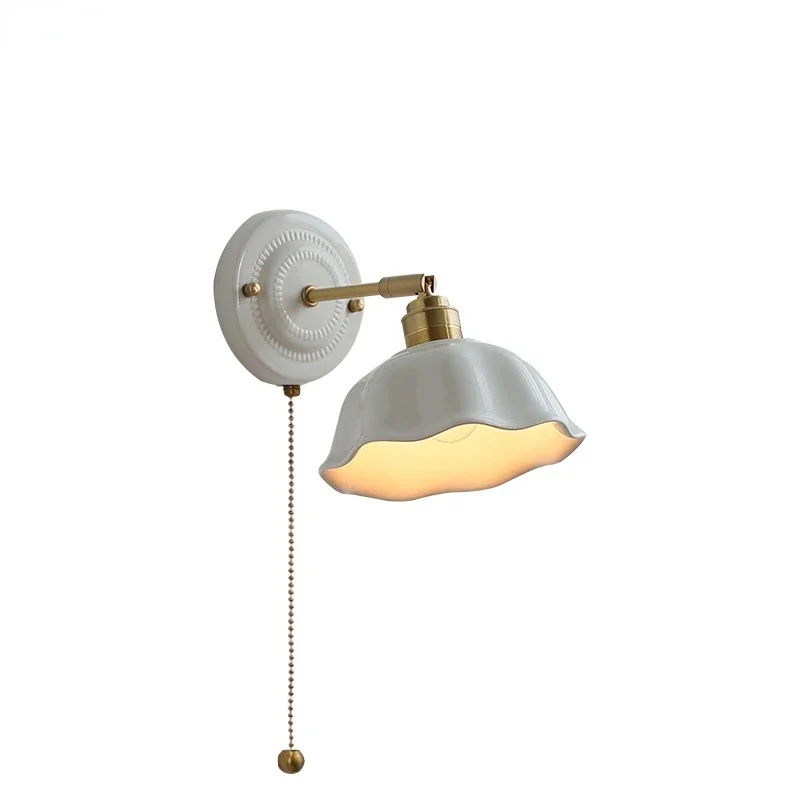 

Nordic Pull Chain Switch Wall Light Ceramic Modern Coffee Bedroom Living Room LED Wall Lamp Copper Home Decor