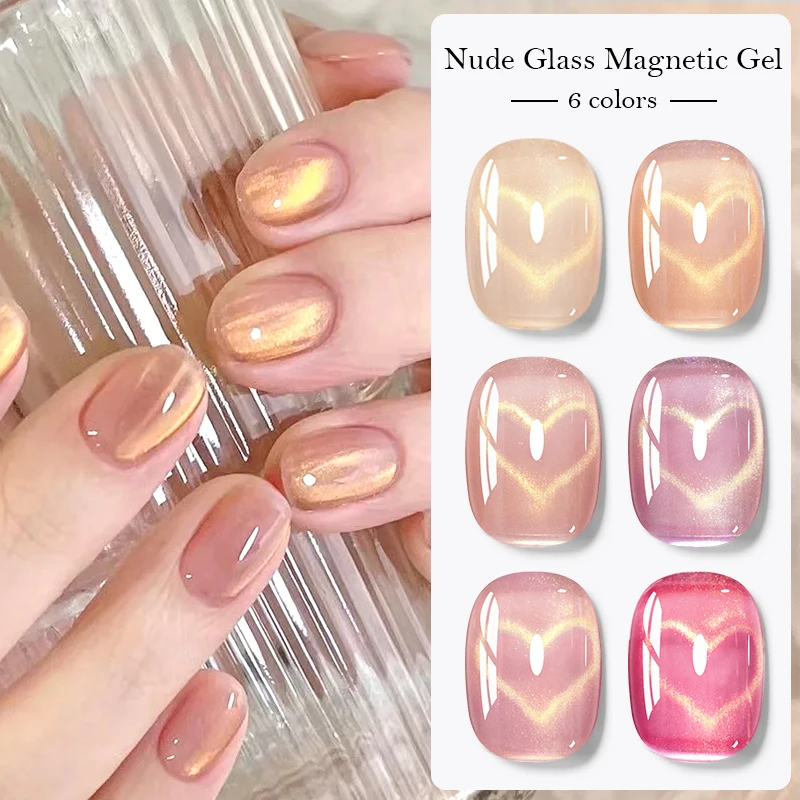 MEET ACROSS 7ml Glass Bead Cat Eye Gel Nail Polish Flash Golden Nude Color Magnetic Gel Nail Summer Love Nails Nail Supplies