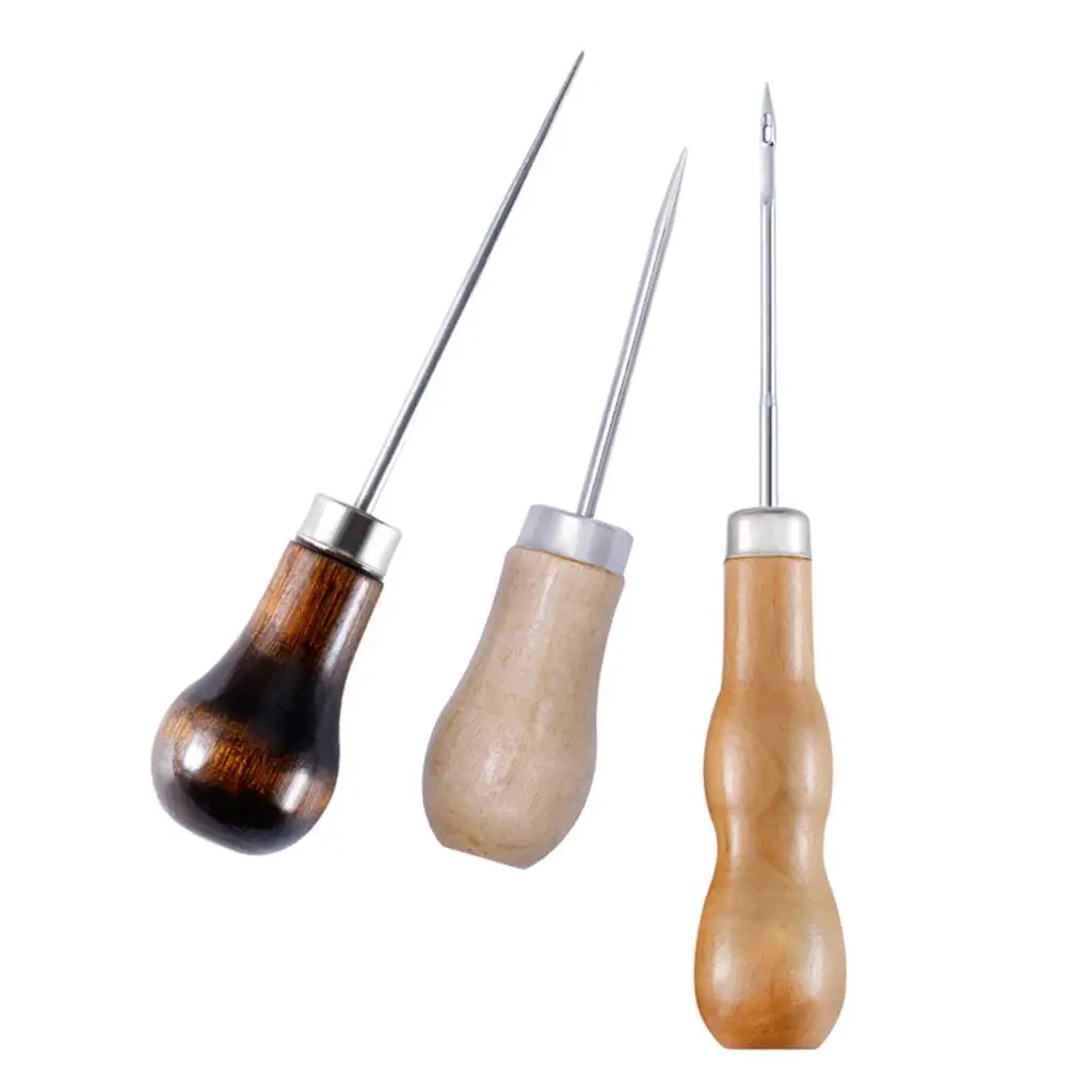 3-6pack 3pcs Wooden Handle Awl Leather Craft Stitching Awl DIY Sewing Leather