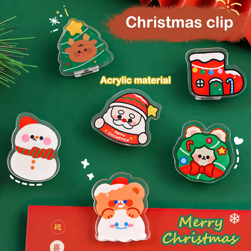 Cute Acrylic Christmas Tree Santa Claus Clip Snack Sealing Clip Office School Stationery Photo Decorative Supplies Stationery