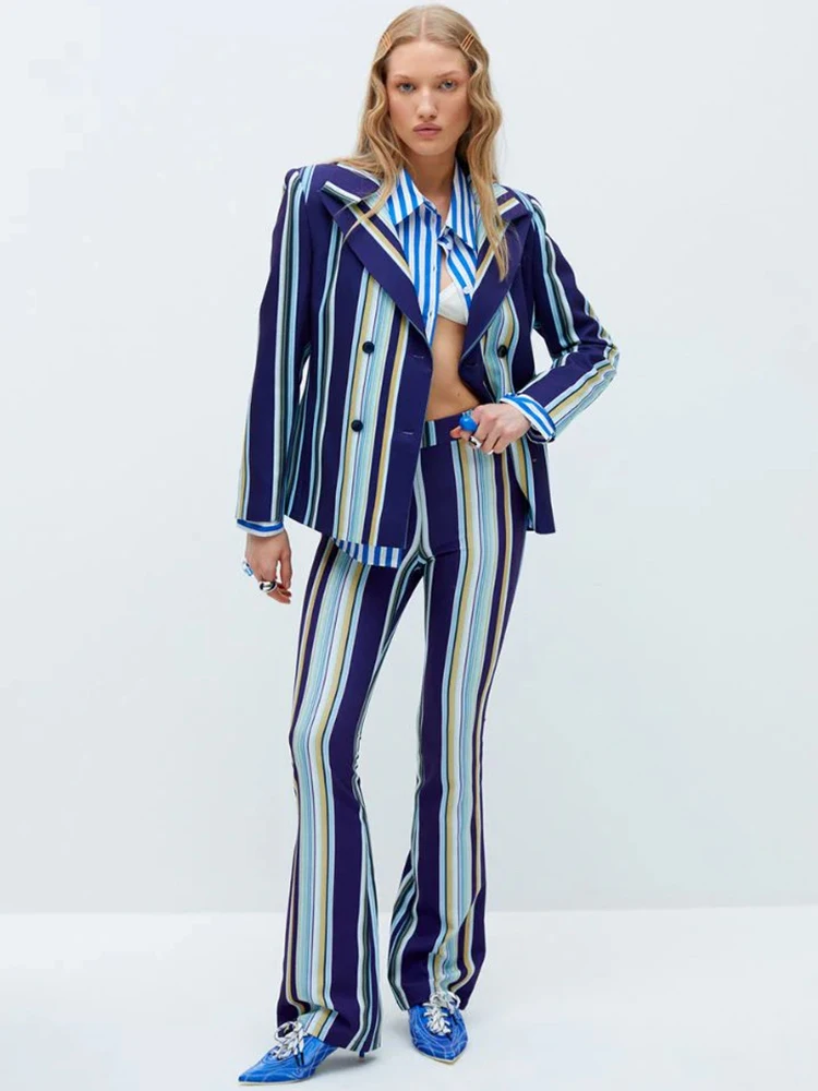 HIGH STREET Newest Fashion 2026 Designer Runway Suit Set Women's Colorful Striped Blazer Jacket Flare Pants Set 2pcs