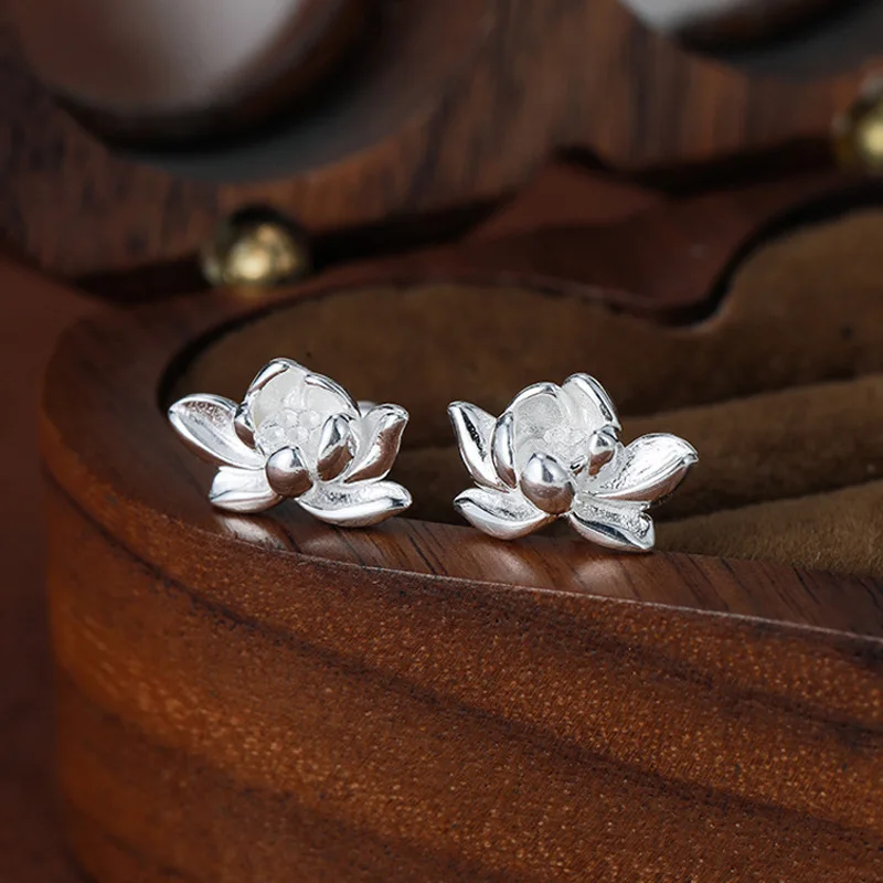 Vintage Lotus Earrings for Girls Simple Plant Korean Stud Earrings for Ladies Birthday Piercing 925 Sterling Silver Jewelry