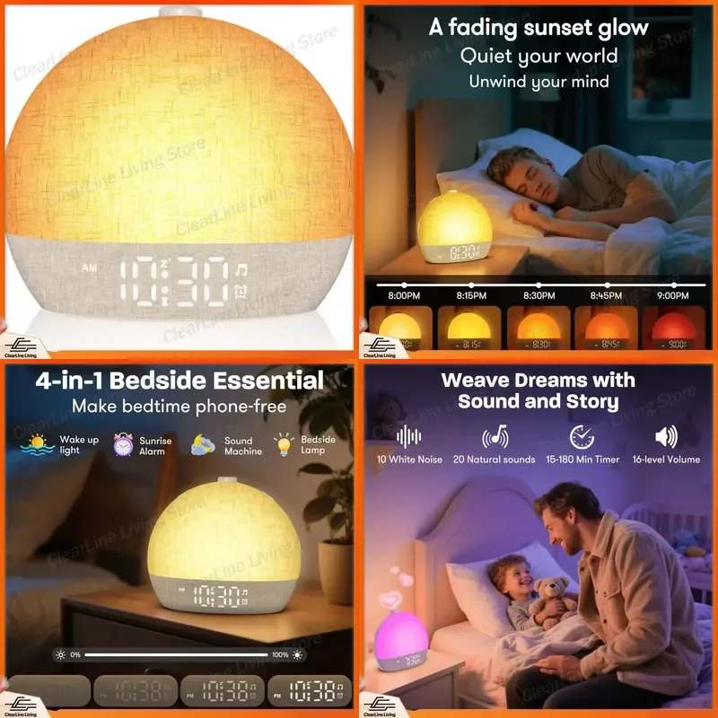 Wake Up Light Sunrise Alarm Clock Timer 30 White Noise Sound Dimmable RGB Night Lights Sleep Aid Snooze Ideal for