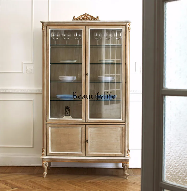 

French retro old solid wood side cabinet American customizable restaurant glass door storage wine cabinet