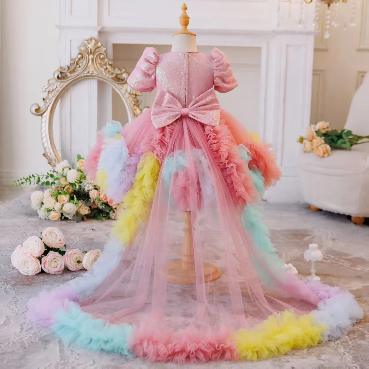 rainbow christmas dress Elegant Girls Princess Tail 1-6 Years Old Baby Girl Fashion Show Performance Wedding Party Formal Ball Maxi dress