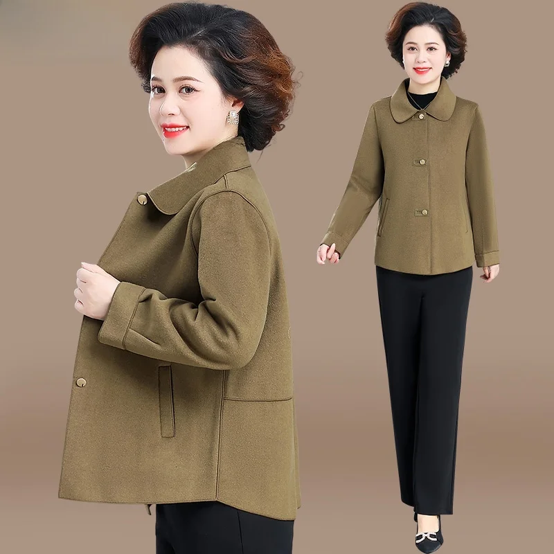 

Double-Sided Woolen ort Coat for Mom Spring Faionable Korean Sle Collar Single Button Casual Loose Fit Polyester B...