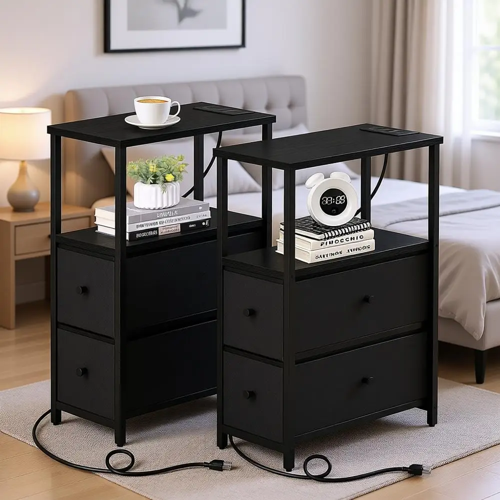 

Set of 2 Compact End Tables with Charging Stations, Nightstand Outlets, and Drawers for Living Room or Bedroom, Black