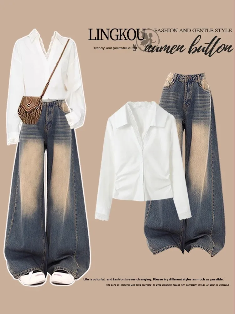 

Корейский стиль: весенний комплект больших размеров для женщин, элегантная блузка с кружевными вставками, джинсы с высокой талией, утягивающие фигуру, комплект из двух предметов, с длинным рукавом...