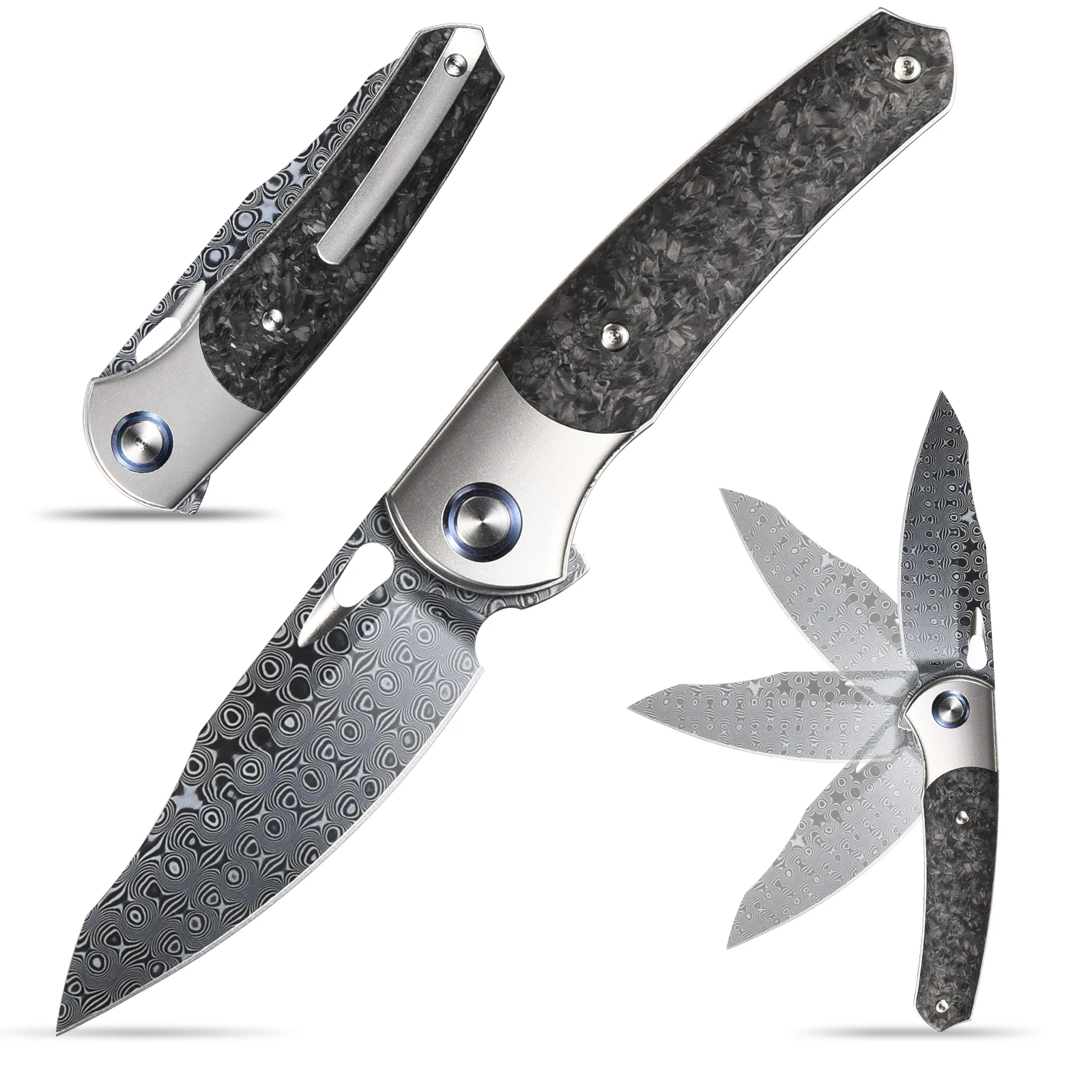 Sitivien ST237 Damascus Steel Pocket Folding Knife Titanium Carbon Fiber Handle EDC Tool Knife for Working Camping Collection