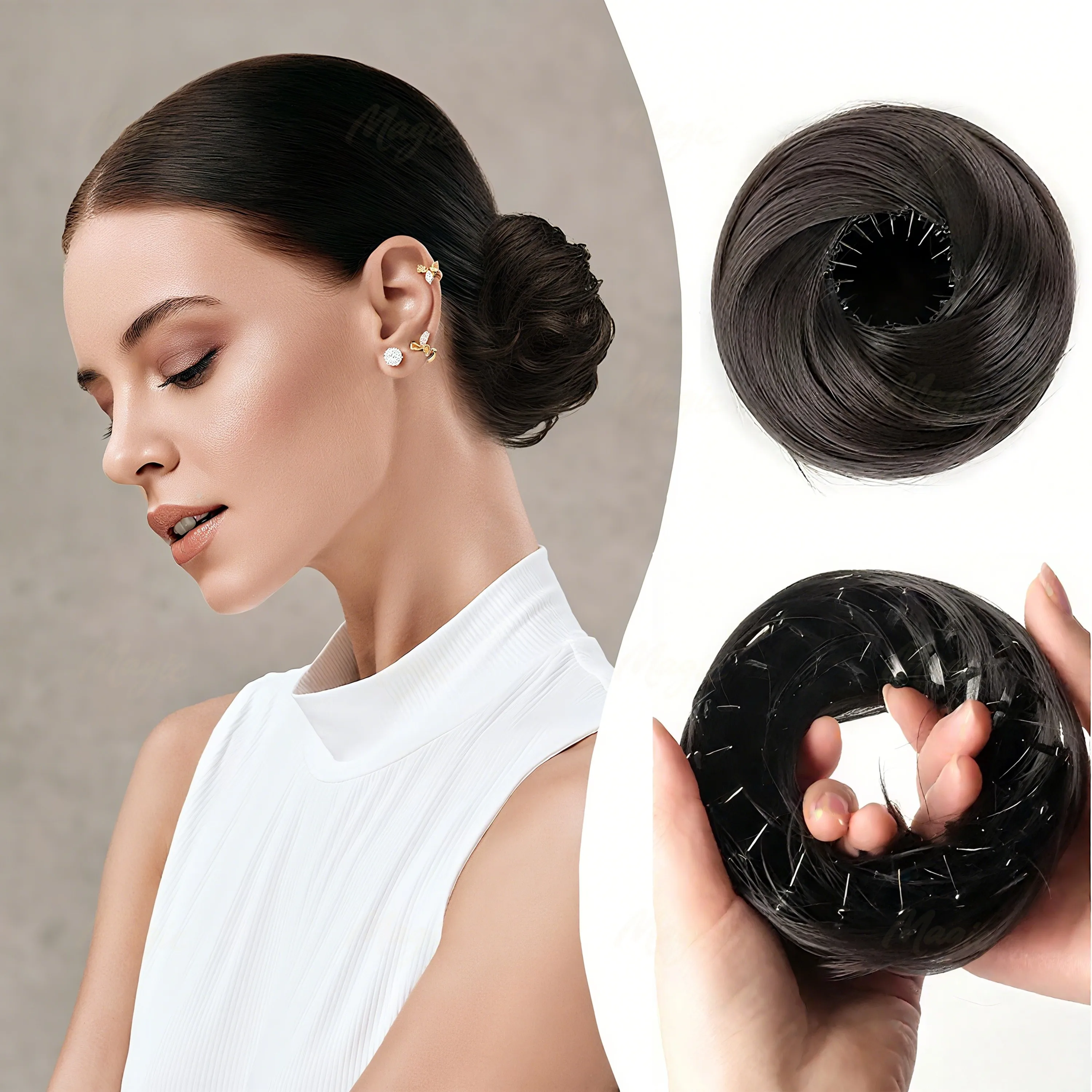 Synthetic Mini Claw Clip in Messy Hair Bun Donut Updo Hairpieces for Women Girls Curly Chignon Bird's Nest Shaped Retractable