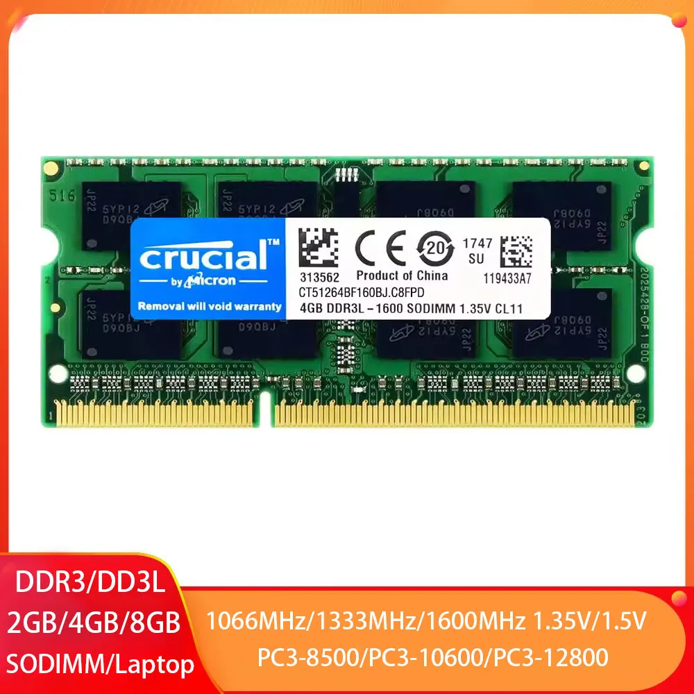 

Crucial Memoria RAM DDR3 DDR3L 8GB 4GB 2GB 1066 1333 1600MHz RAM 204pin 1.35V/1.5V PC3-12800 SODIMM Memory for Laptop Notebook