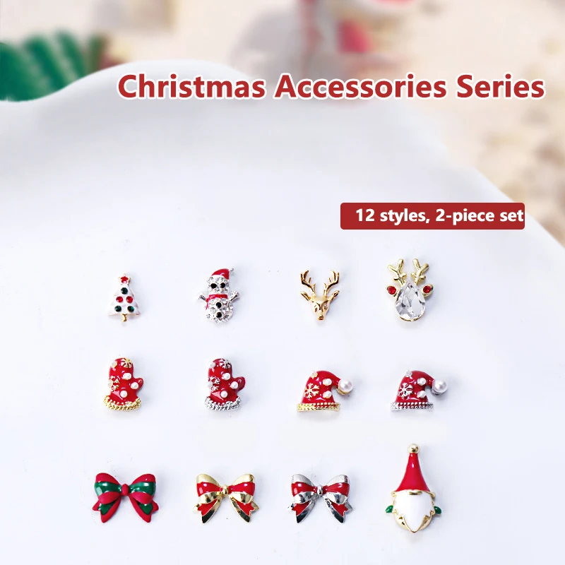 2pcs Christmas Nail Zircon Charms Luxury Bow Antlers Snowman Gloves Christmas Tree Nail Gem Ornament New Year Nail Art Accessor