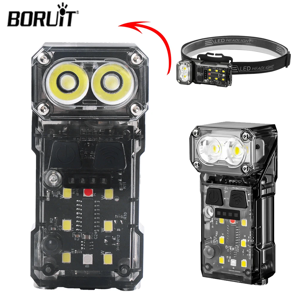 BORUIT Sensor Flashlight Keychain Light Rotatable Head Chargeable Cap Clip Headlamp Outdoor Fishing Camping Lantern Work Light