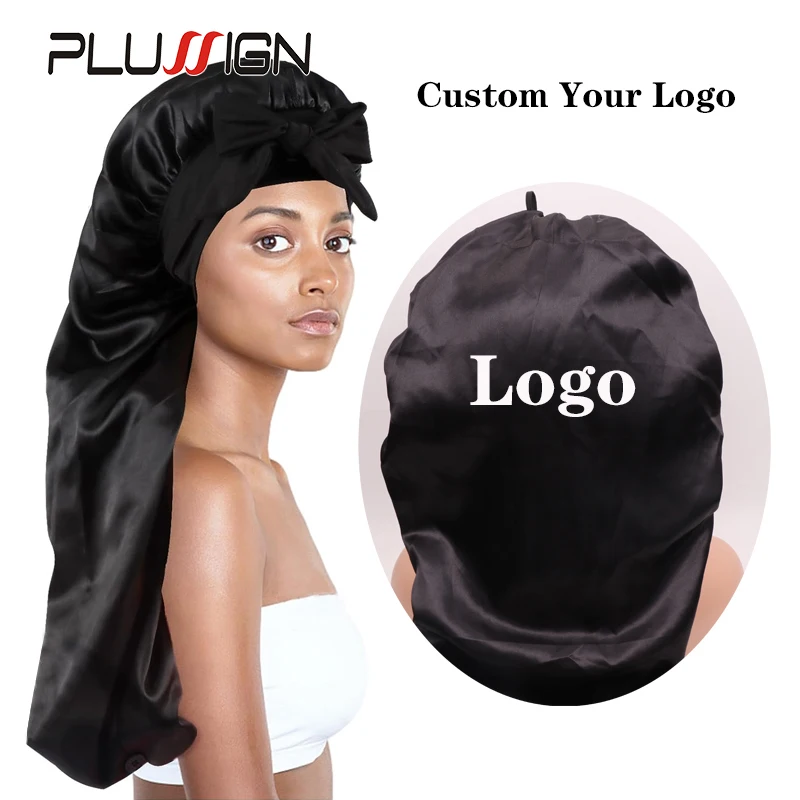 

Custom Logo Long Satin Bonnet Silk Satin Bonnet With Tie Sleep Bonnet Night Cap For Women Reusable Curly Hair Care Caps 10Pcs