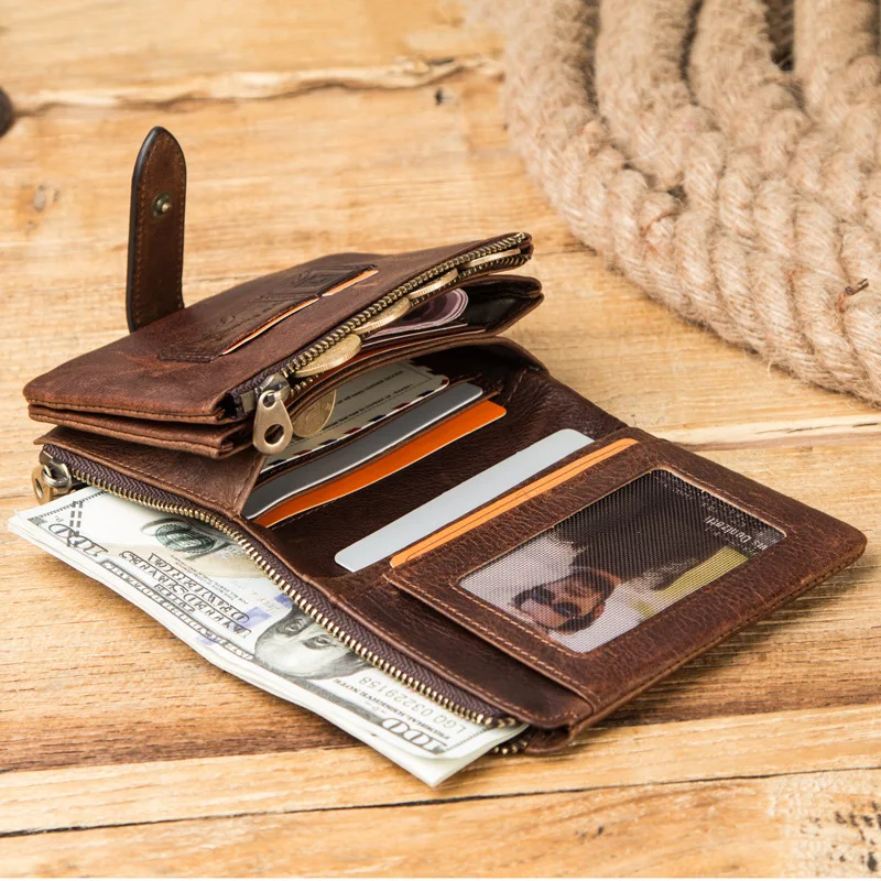 Fashionable British Style Anti Theft Brushing Crazy Horse Cowhide Men's Wallets Multi Functional Buckle Leather Clip Men Wallets