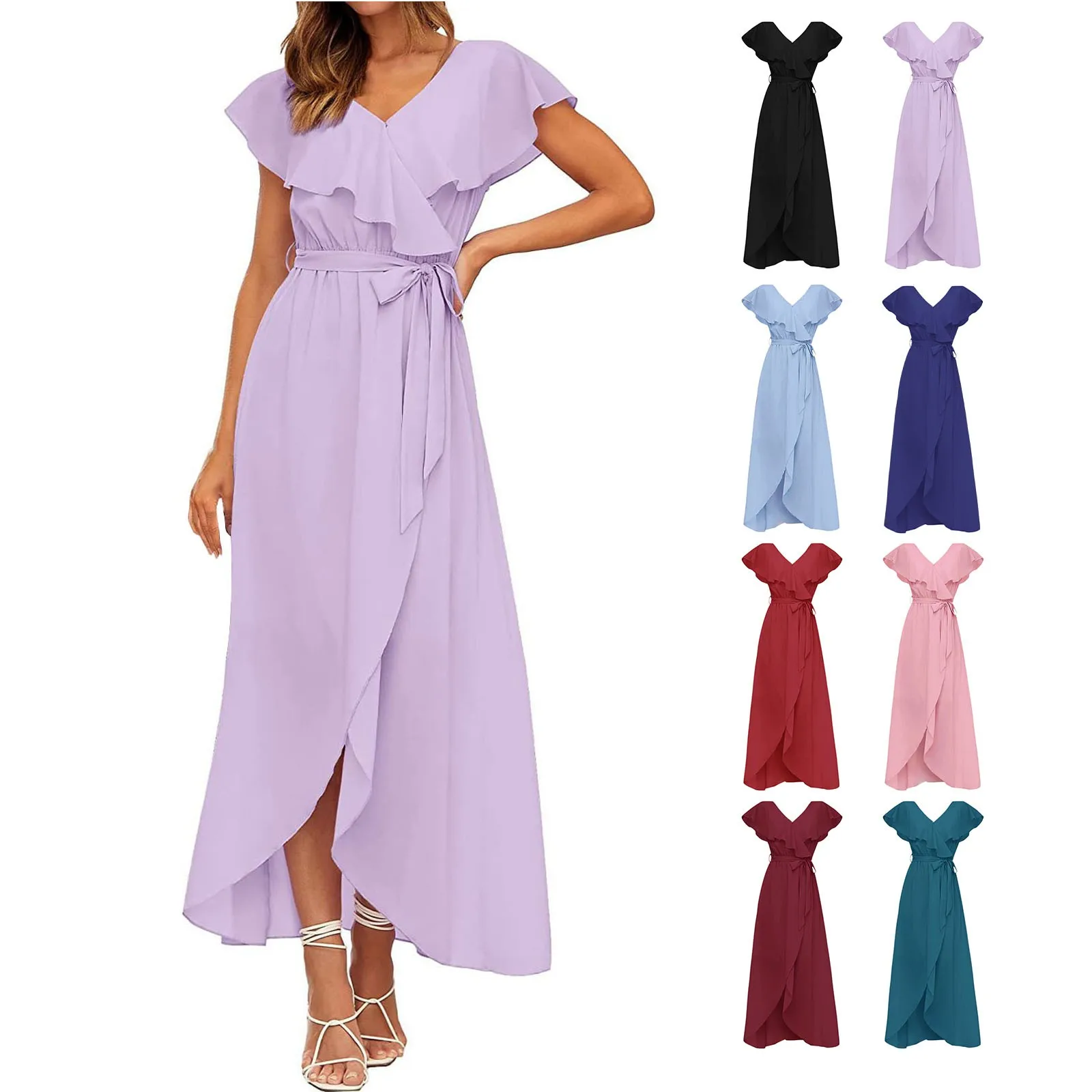 

V Neck Ruffle Tie Hem Slit Short Sleeve Dress Boho Beach Dresses Retro