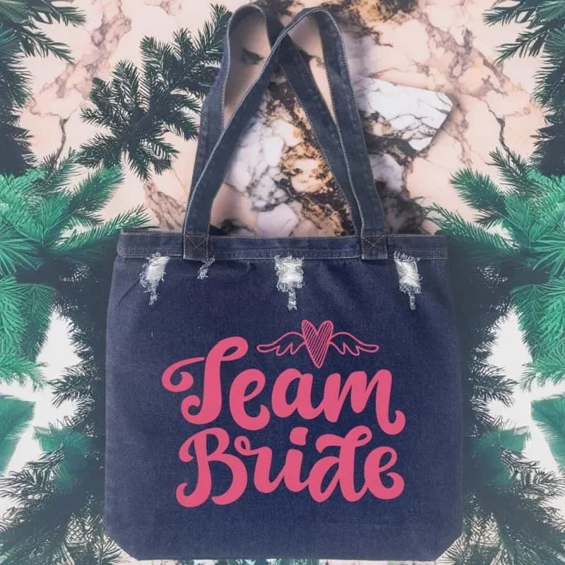 

Team Bride Bachelorette Party Friends Bridesmaid Wedding Party Shopping Bags Open Handbags Denim Jean Handbags Shoulder Bag