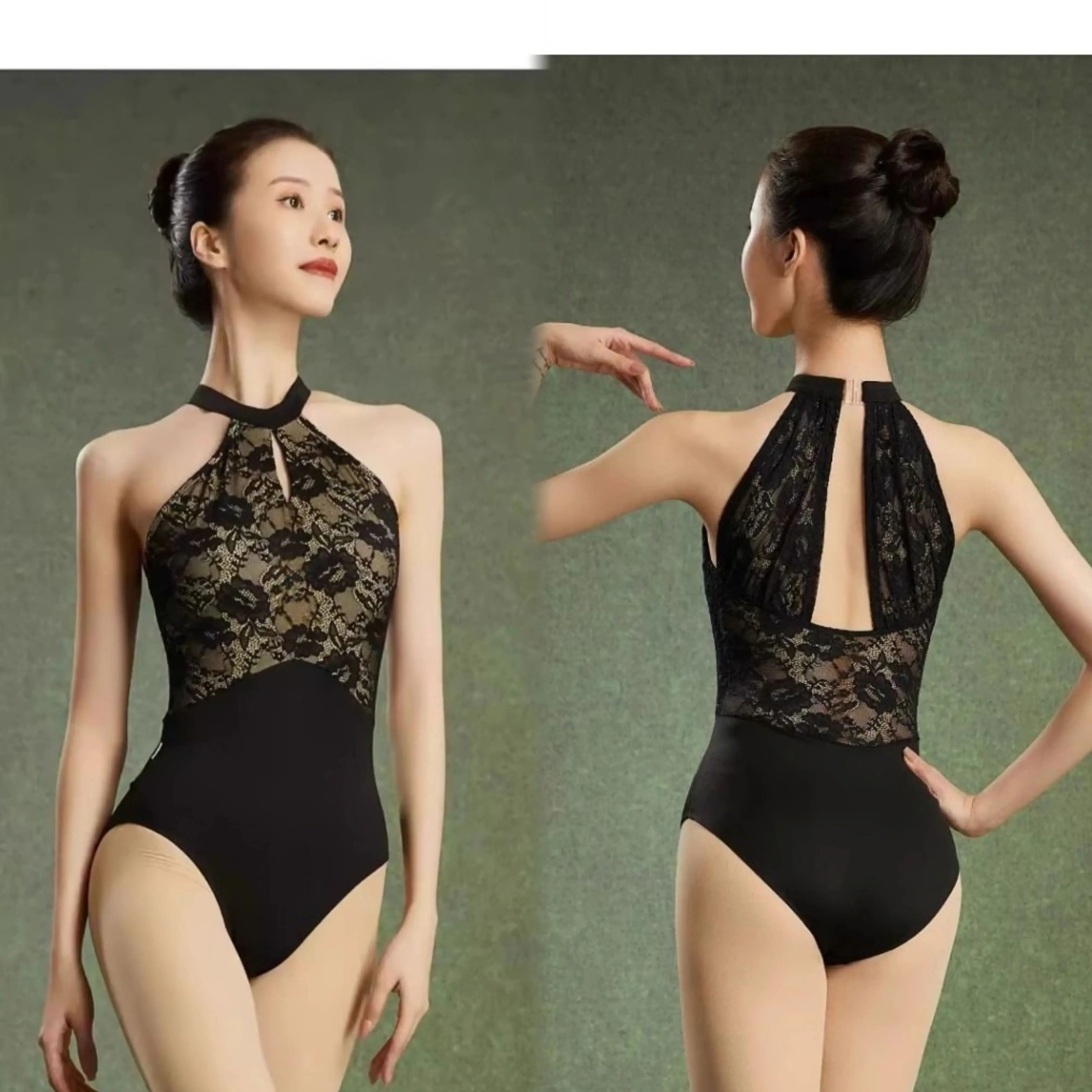 Adult Female Ballet Practice Dress, Dance Student Art Exam Body Dress, Basic Training Gymnastics Lace Advanced Hanging Neck jump
