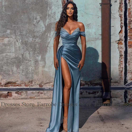 Imagen 2 del producto Vestidos formales de hermandad de Arabia Saudita, vestido de noche de satén/columna, vestido de fiesta drapeado plisado con perlas y escote en forma de corazón azul, largo 2025