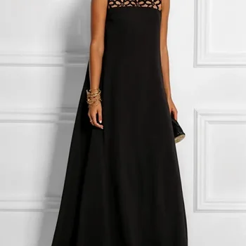 Bohohipei 여성용 빈티지 할로우 단색 파티 이브닝 드레스, 민소매 루즈 V 백, 우아한 블랙 원피스, 여름, 2024 신상 