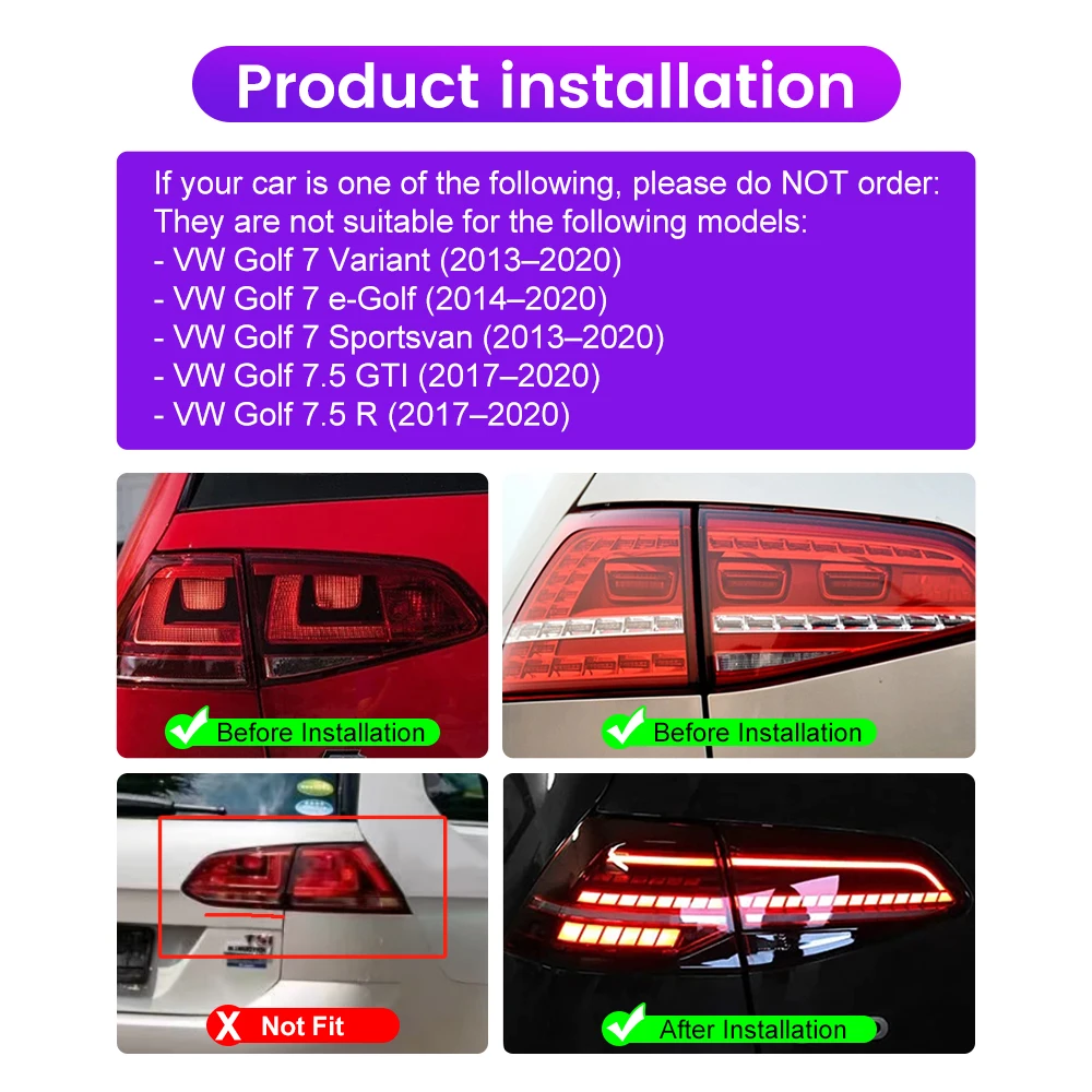 Pair Of Car Tail Light Assembly For Volkswagen VW Golf 7 Mk7 Golf 7.5 Mk7.5 2013 2014-2020 LED Brake Flowing Water Flicker