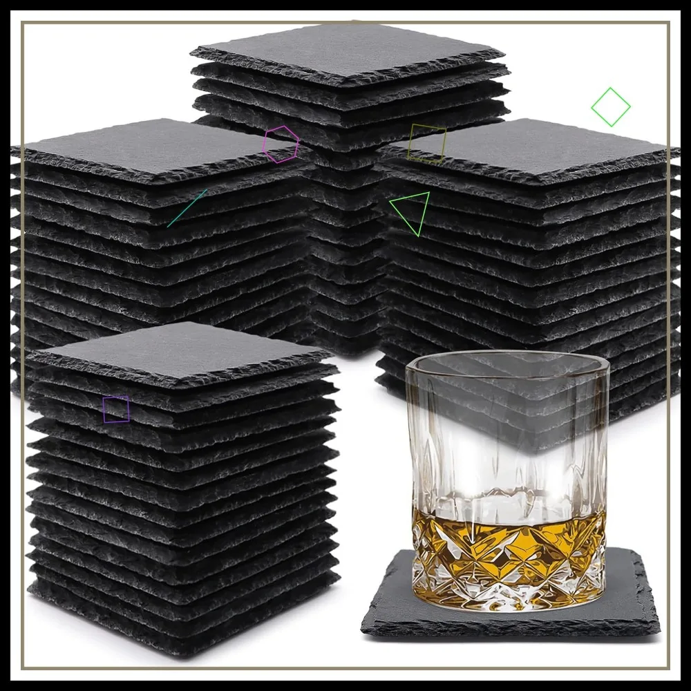 

60 Pack Black Slate Drink Coasters, 4 Inch Square Stone Coasters with Anti-Scratch Bottom for Home Kitchen Decor