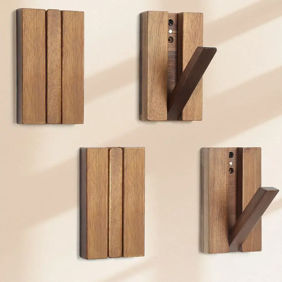 

Foldable Wall Hooks 4Pack Rustic Wooden Coat Hooks Mounted for Heavy Duty Hanging Towels Backpack Bags Hats, Space Saving Minima