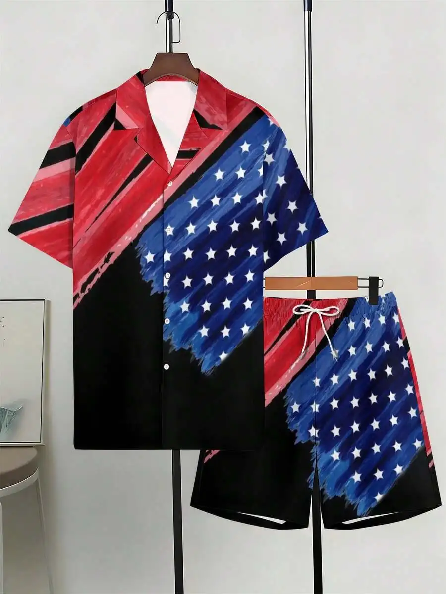 

Mens Bold Patriotic Star And Stripe Print Short Sleeve Shirt With Matching Board Shorts For Summer Casual Outfit
