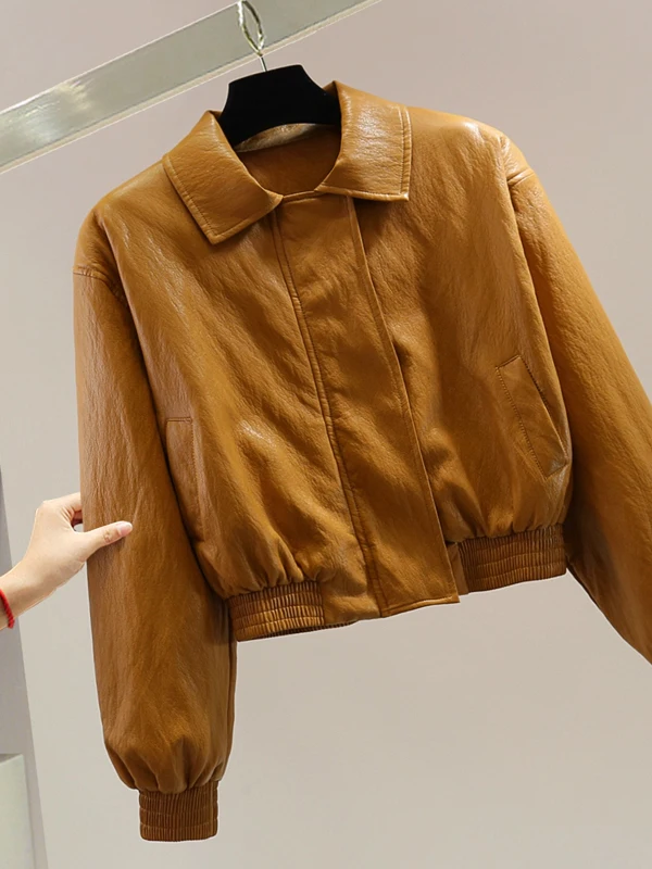 

Женская приталенная куртка из искусственной кожи на молнии с длинными рукавами, воротником-стойкой, повседневное пальто в корейском стиле, новая весенняя коллекция, однотонная