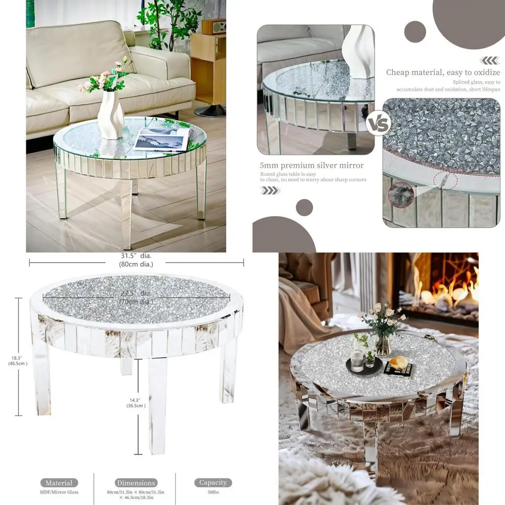 

Large 31.5 Decorative Crystal Diamond Table with Silver Mirror Frame and Legs for Modern Living Room Luxury Decor