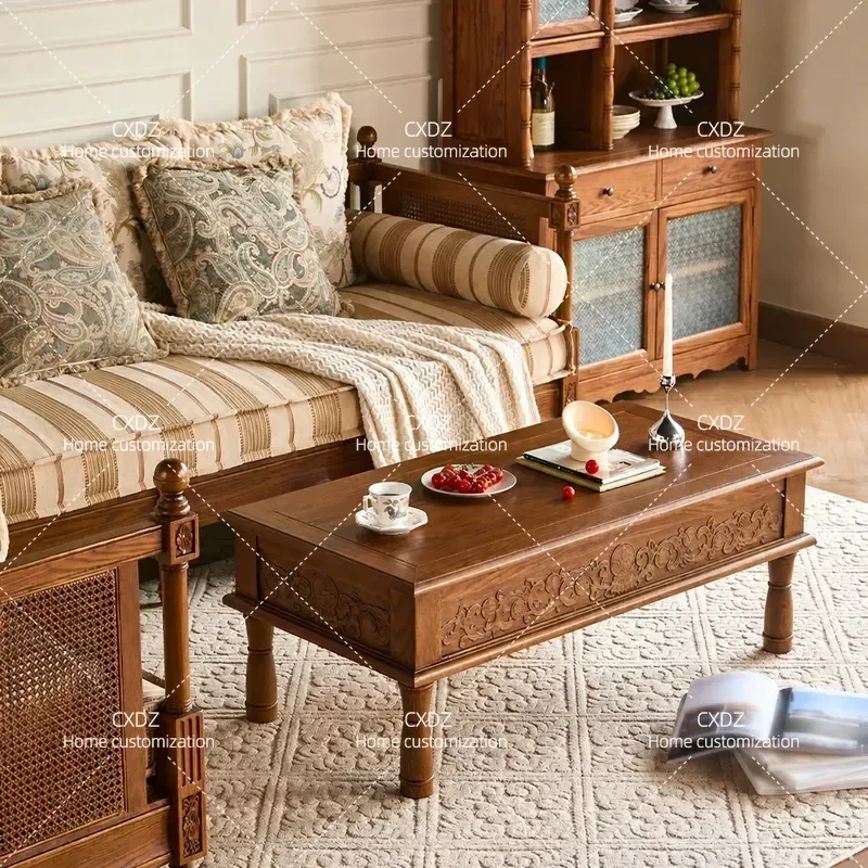 Retro Solid Wood Coffee Table with Single Drawer Carved Rectangular Tea Table Storage Living Room Furniture Country Style