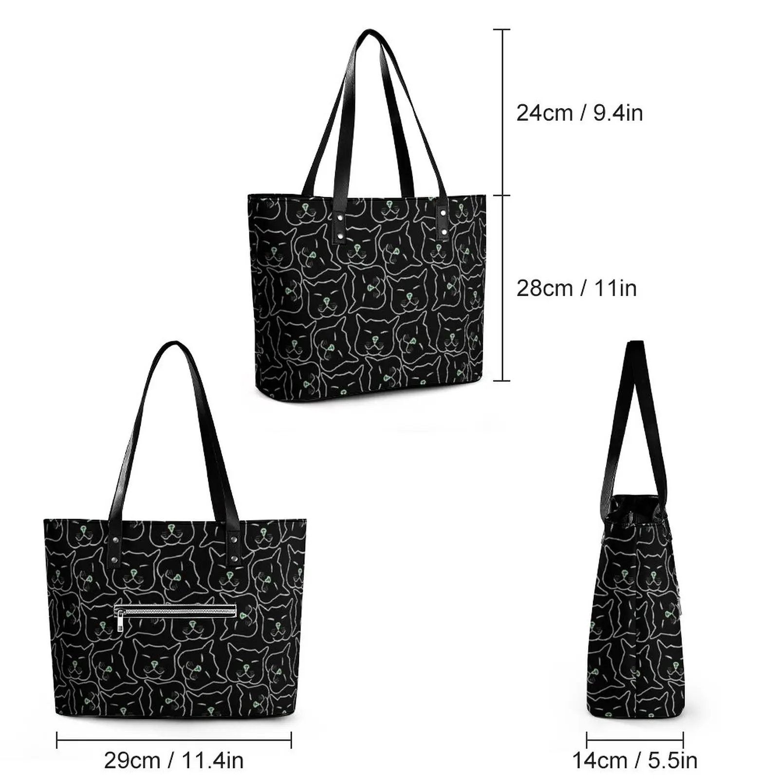 Black Cat Faces Handbags Women Abstract Animal Tote Bag Streetwear Work Shoulder Bag Top-Handle Print PU Leather Beach Bags