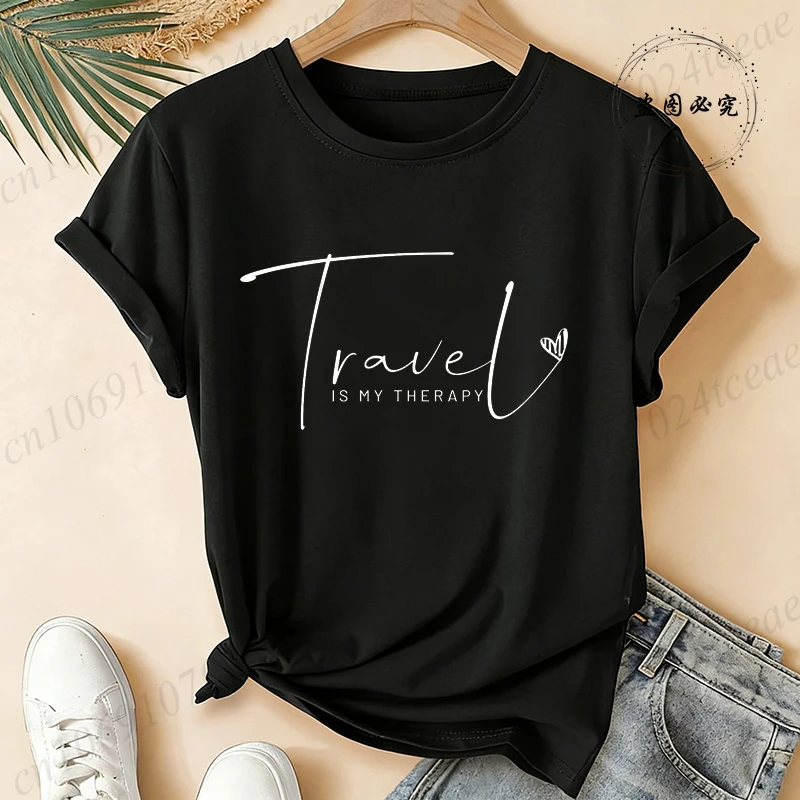 Travel Is My Therapy T-Shirts for Women,Traveler Gift,Vacation T-Shirts,short Sleeve Women's Tee Clothing,summer Fashion Tops