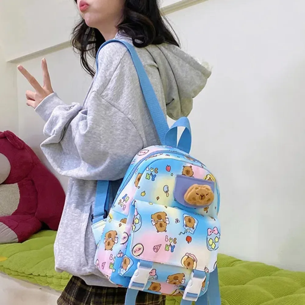 

Thickened Capybara Backpack Nylon Lightweight Cartoon Animal Daypack Multi Functional Foldable Large Capacity School Bag Kids