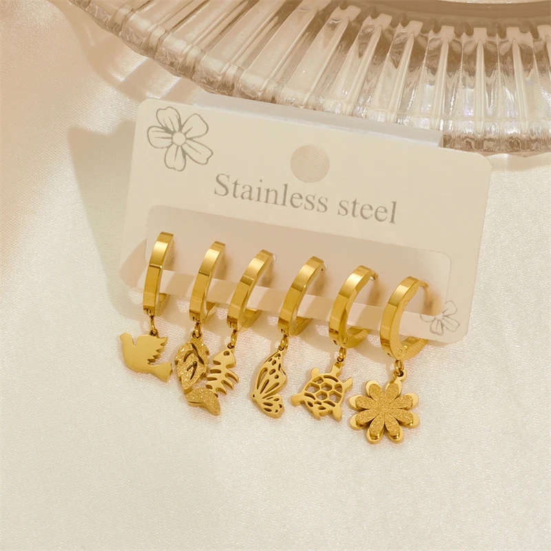 316L Stainless Steel New Fashion Fine Jewelry 6 Pieces/Set Zircon Turtle Bird Daisy Leafs Grid Butterfly Stud Earrings For Women