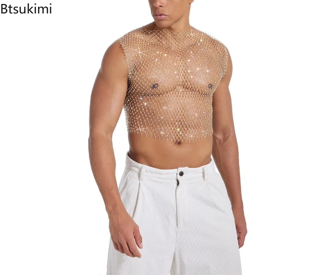 2026 New Men's Sexy Tank Tops Fishnet Rhinestone Shiny Hollow Vest Man Mesh See-Through Sleeveless T-Shirt Transparent Clothing