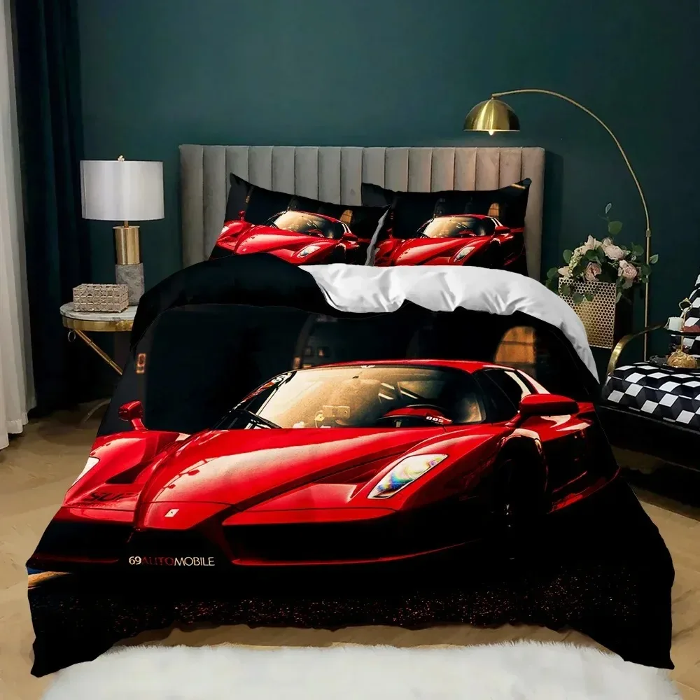 Race Car Bedding Set Twin Size Burning Red Flame Duvet Cover Set 3D Sports Car Comforter Cover King 2/3pcs Polyester Quilt Cover