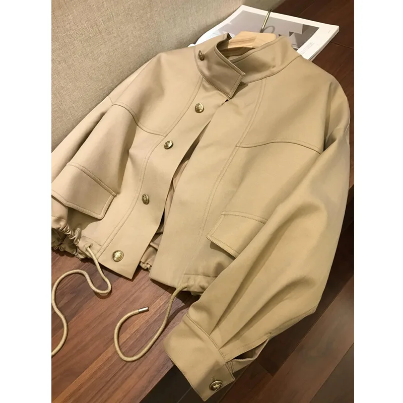 

Women Trench Coats Solid Short Jackets Pocket Drawstring Stand Collar Long Sleeves Single Breasted Loose Fit Casual 2026 Spring
