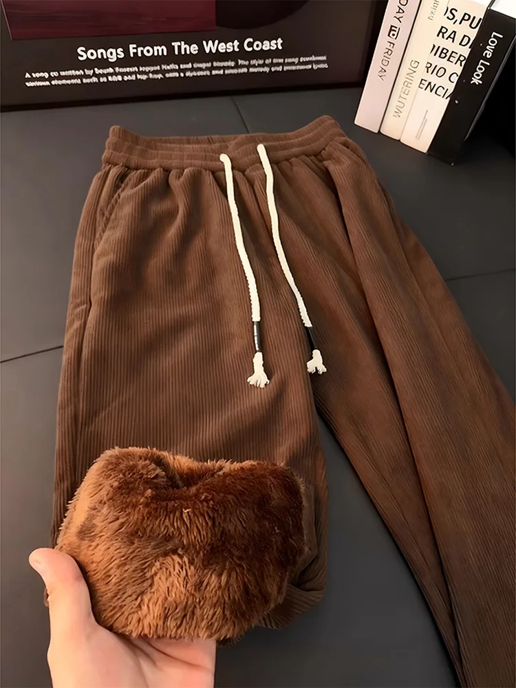 

Коричневые мужские зимние брюки из вельвета на флисовой подкладке, прямые, спортивные, повседневные, теплые, в американском стиле, для отдыха