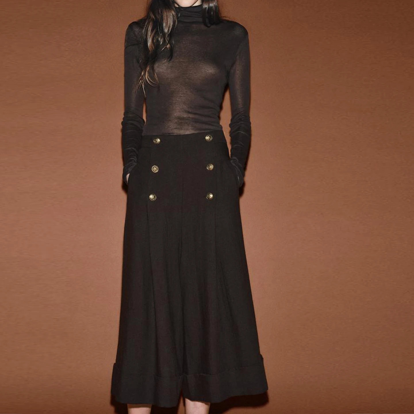 Z Faionable Mid-Length Casual orts for Women Button Decorated Versatile Sli Ladies Pants l Waist Wide Leg