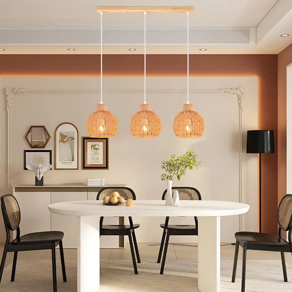1/3 Heads Retro Hemp Rope Woven Pendant Light Vintage Industrial Rattan Hanging Lamp Boho Ceiling Chandelier Lighting Home Decor