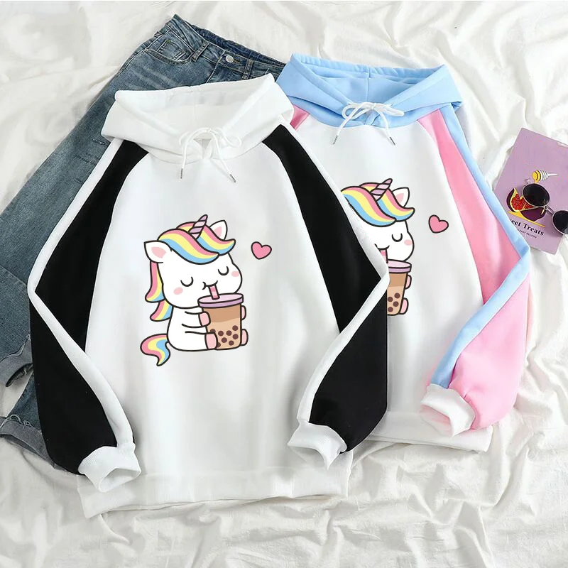 Cartoon cute unicorn pattern printed hoodie youth fashion colorblocking sweatshirt outdoor padded autumn and winter hoodie tops