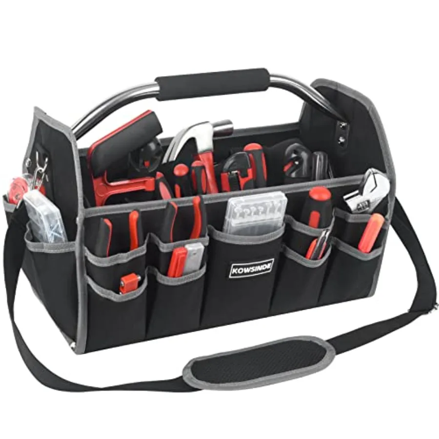 

16 Inch Tool Bag, Electrician Tool Bag, Open Top Tool Bags, 26 Pockets Can Hold Many Tools, Steel Handle and Removable Shoulder