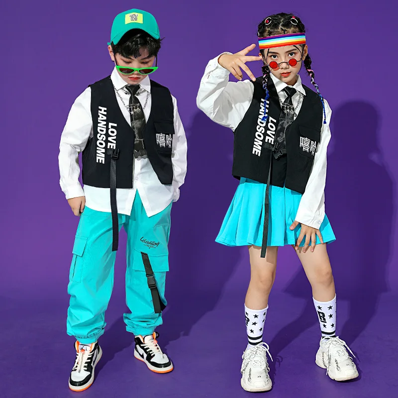 Kid Kpop Hip Hop Clothing White Shirt Top Vest Streetwear Tactical Cargo Jogger Pants Skirt for Girl Boy Dance Costume Clothes