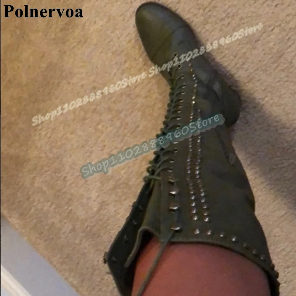

Trendy Knee High Green Rivets Cross Tied Boots Thick Heel Shoes For Women Side Zipper Round Toe Fashion 2026 Zapatos Para Mujer