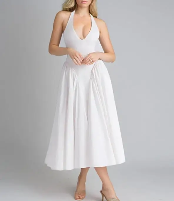 

Sexy Women's Dress Summer French Hepburn Style Elegant and Sexy Deep V-Neck Waist Cinched Backless Hanging Neck Party Dress