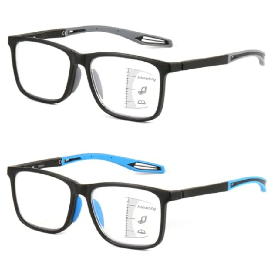 2 Pack Upgraded Bend-Proof Multifocus Progrive Reading Glasses Men, TR90 Sporty Frame and Metal Spring Hinge, No-Line Multifoca