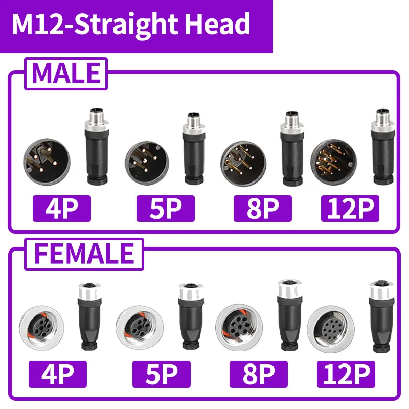 5/20 PCS M12 Connector Aviation Plug 4P 5P 6P 8P 12P Straight/Right Angle Head Male Female Docking Waterproof Sensor Connector